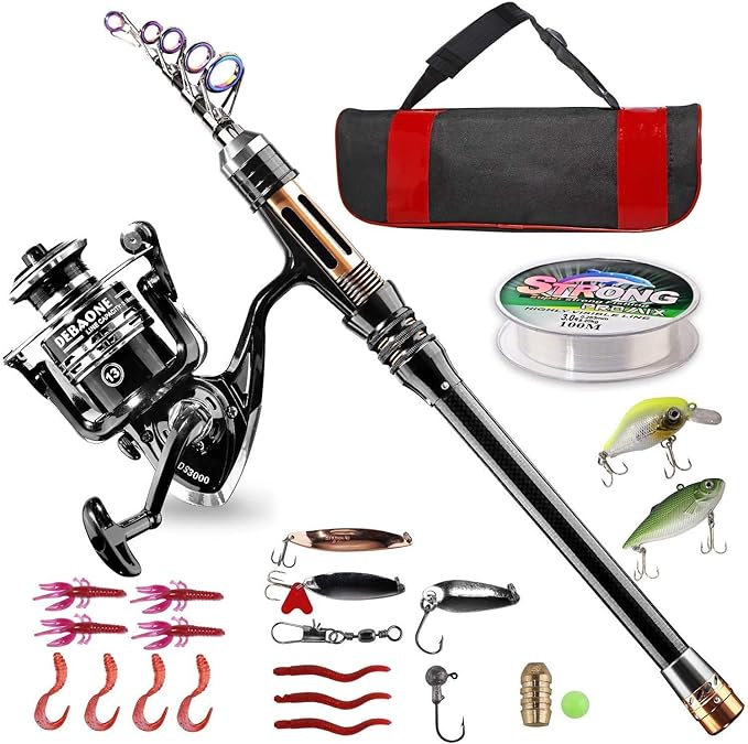 BlueFire Fishing Rod Kit, Carbon Fiber Telescopic Fishing Pole and Reel Combo with Spinning Reel, Line, Lure, Hooks and Ca...