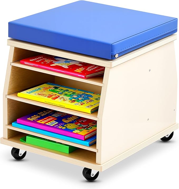 Geelin Mobile Teacher Stool with Storage Tools Natural Birch Wood Teacher Chair with Comfortable Foam Seat and 4 Locking Casters for School Supplies Books Daycare Preschool Classroom