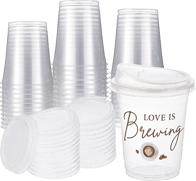 Willinglong 50 Pack Love Is Brewing Bridal Shower Cups Wedding Coffee Cups with Strawless Sip Lids 12 oz Love Is Brewing I...