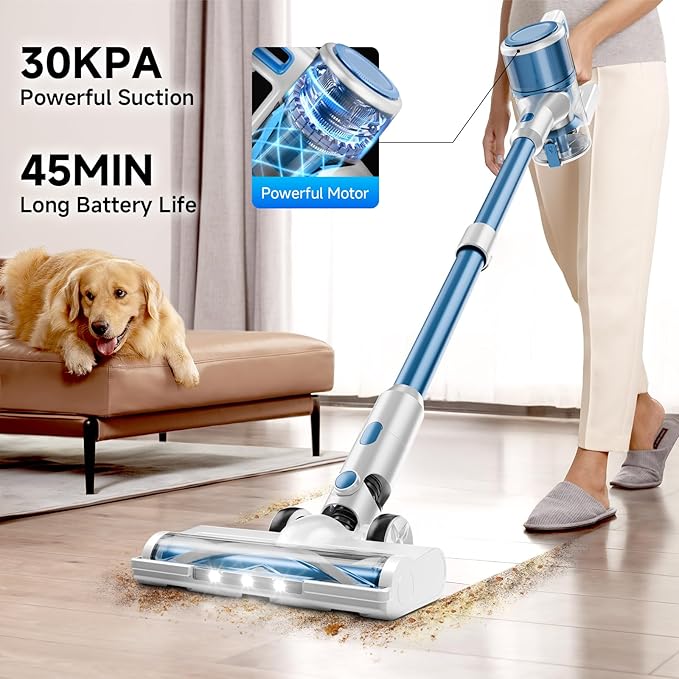 Cordless Vacuum Cleaner for Home - Lightweight, Stick Vacuum Clean with Rechargeable Battery, Max 45Mins Runtime, 8 in 1 Handheld Vacuum for Hardfloor & Carpets Pet Hair, Blue&White