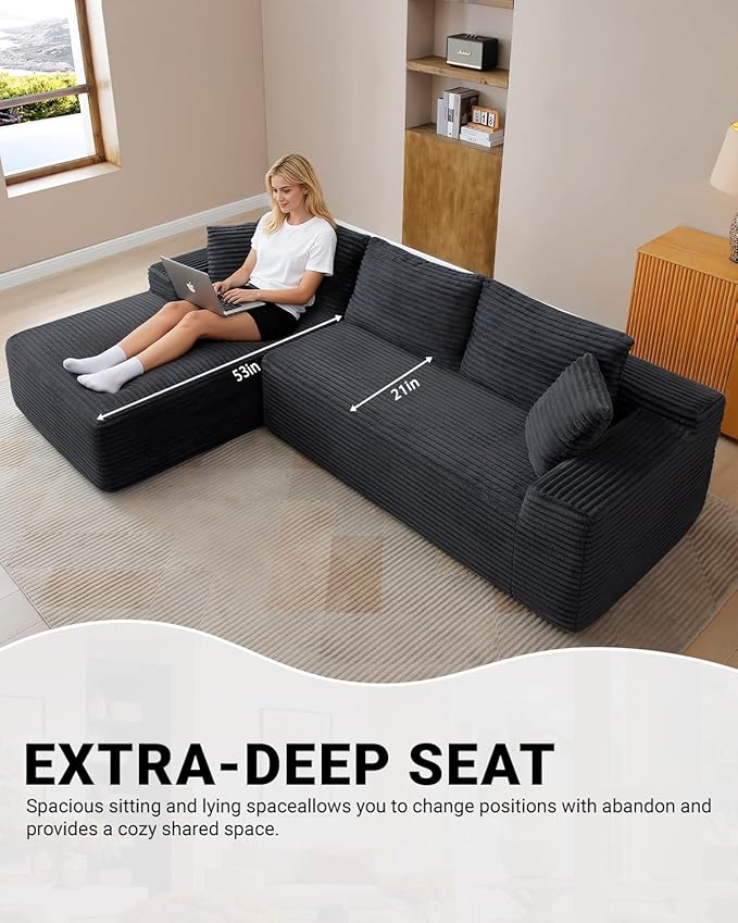 108 Inch Cloud Sectional Couch,Modern Modular Sectional Sofa with Deep Seat,Corduroy Boneless Couches with L-Shape Chaise for Living Room,No Assembly Required (Black, Left Facing Chaise)