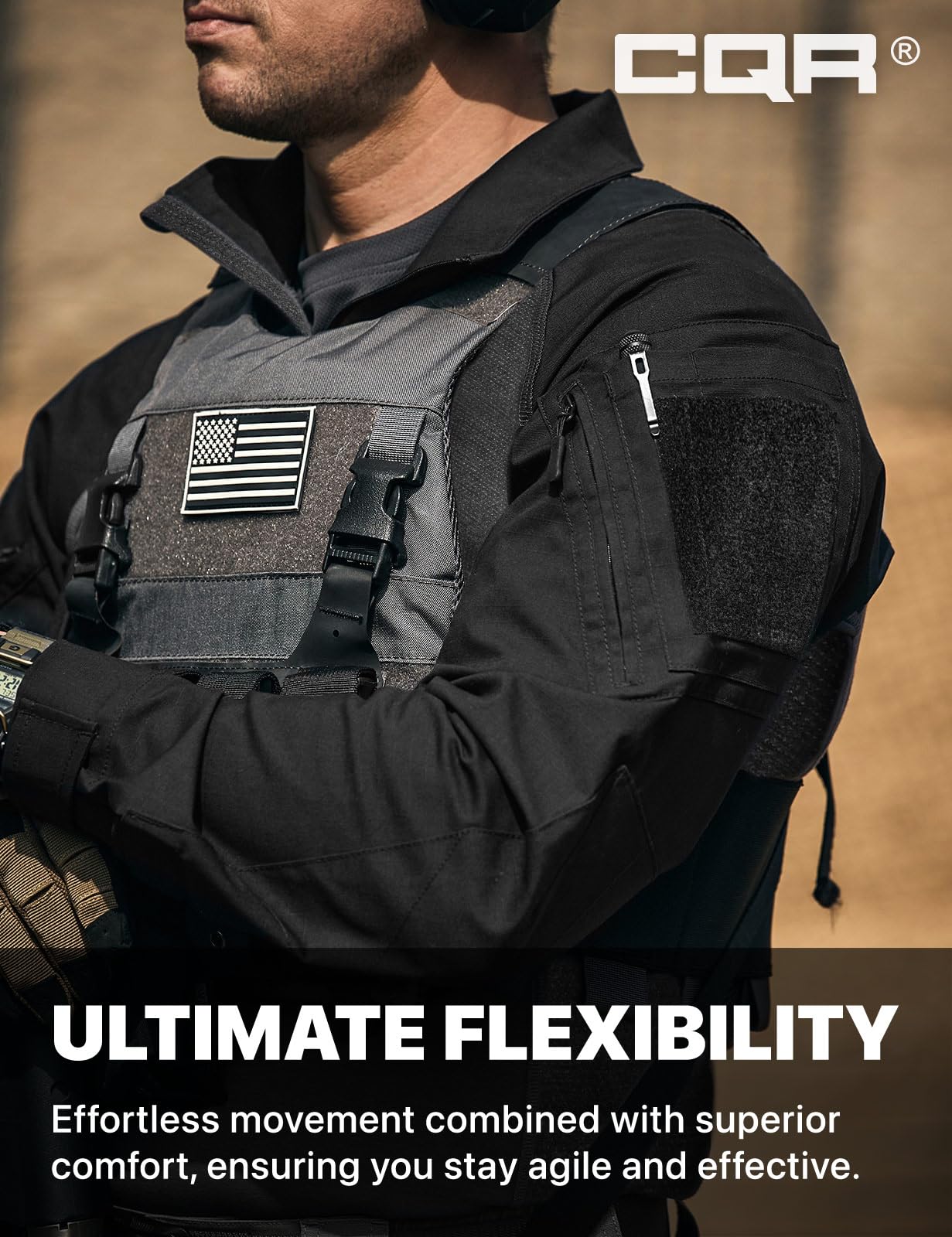 CQR Men's Combat Shirt Tactical 1/4 Zip Long Sleeve Military BDU Shirts Camo EDC Top with Pockets, Raider Black, X-Small