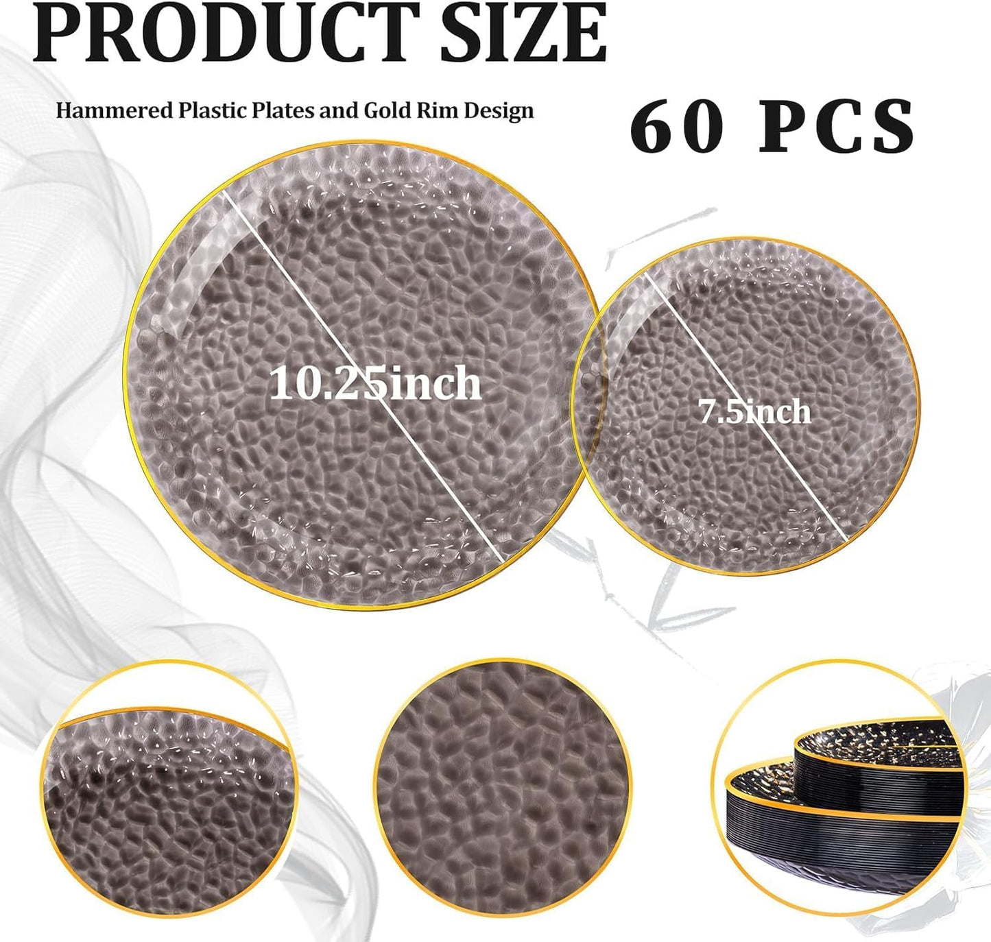 Rubtlamp 60Pcs Black Plastic Plates, Black Disposable Plates With Gold Rim, Clear Heavy-duty Party Plates, Hammered Plastic plates Include 30 Dessert Platos, 30 Dinner Platos for Party, Halloween