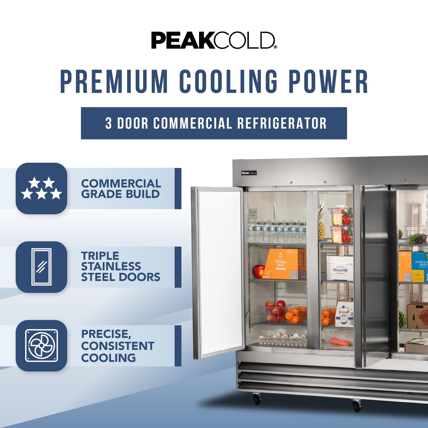 PEAKCOLD 3 Door Commercial Refrigerator - 72 Cubic Ft, 81" Wide Stainless Steel Reach-In Commercial Refrigerator with White Internal Lighting - Freestanding Industrial Fridge