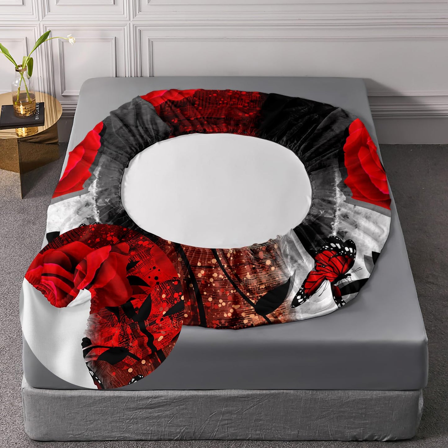 AILONEN Red Rose Fitted Sheet Set Queen Size, Grey Retro Couple Rose Bed Sheet Set,Romantic Floral Butterfly Sheet Set 3 Pieces, 1 Fitted Sheet and 2 Pillowcases