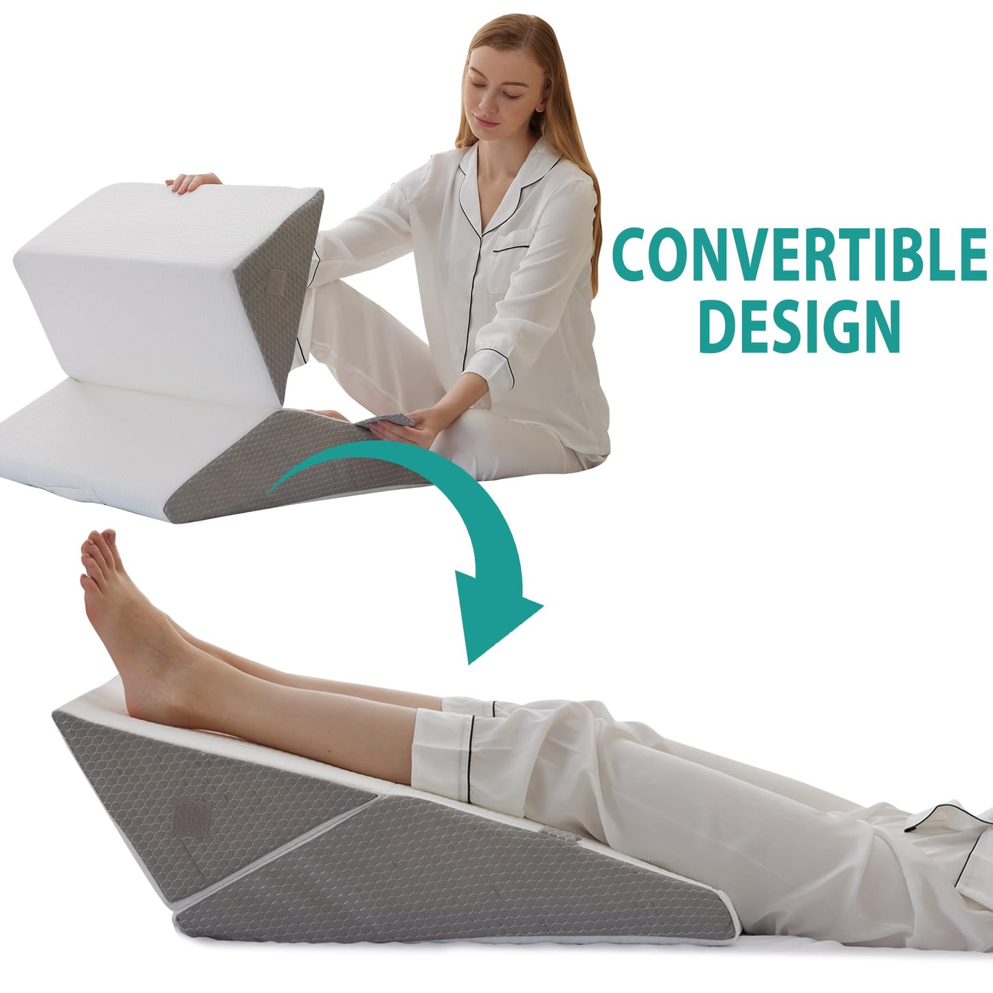 Bedluxe Wedge Pillow for Sleeping, Adjustable 9&12 Inch Foldable Bed Wedge Pillow Set, Orthopedic Memory Foam Triangle Pillows Wedge, 7-in-1 Elevated Pillows for Leg and Back Support, White/Grey