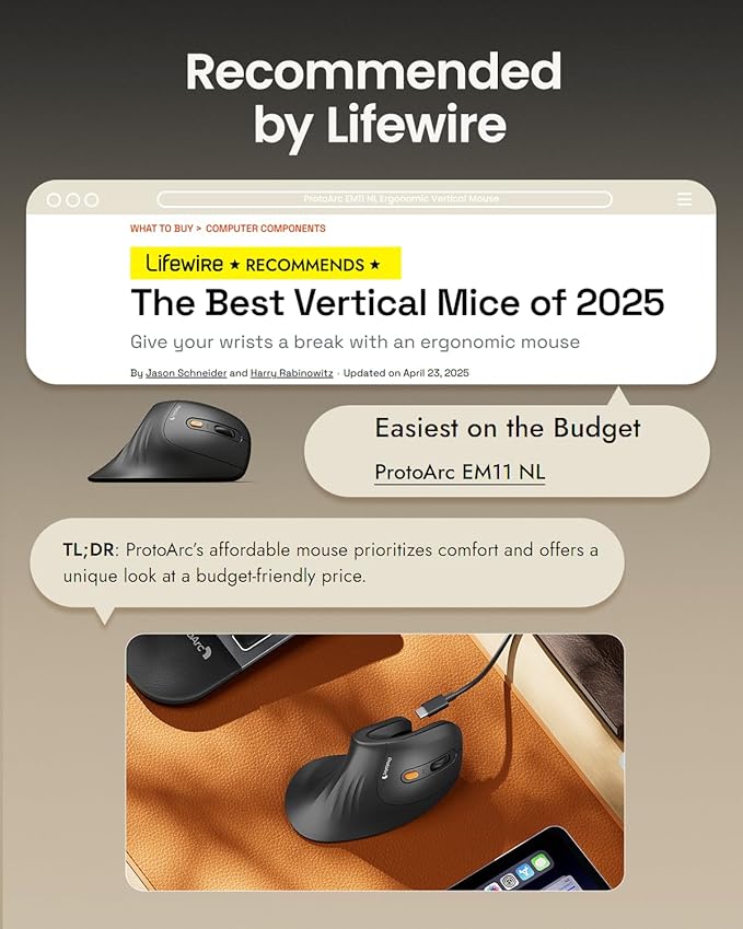 ProtoArc Ergonomic Mouse, EM11 NL Bluetooth Rechargeable Wireless Vertical Mouse, 3 Multi-Device Connectivity for Computer/PC/Laptop, 2.4GHz USB-A Optical Mice for Windows, Mac OS, Wine Red