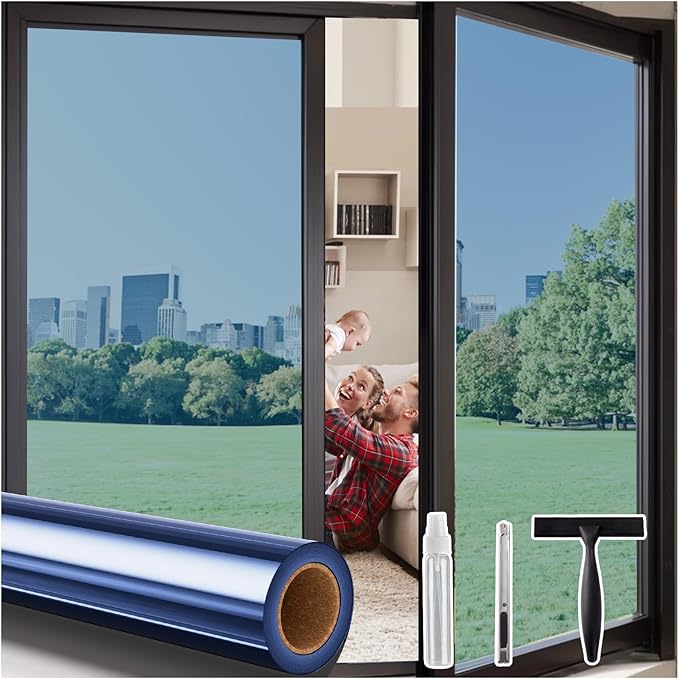 Coavas One Way Privacy Window Film,Daytime Window Tint for Home, Reflective Mirror Glass Window Film See Out Not in,Heat UV Blocking Anti-Glare Window Covers with 3 Tools, 35.4 x 78.7 Inch, Blue