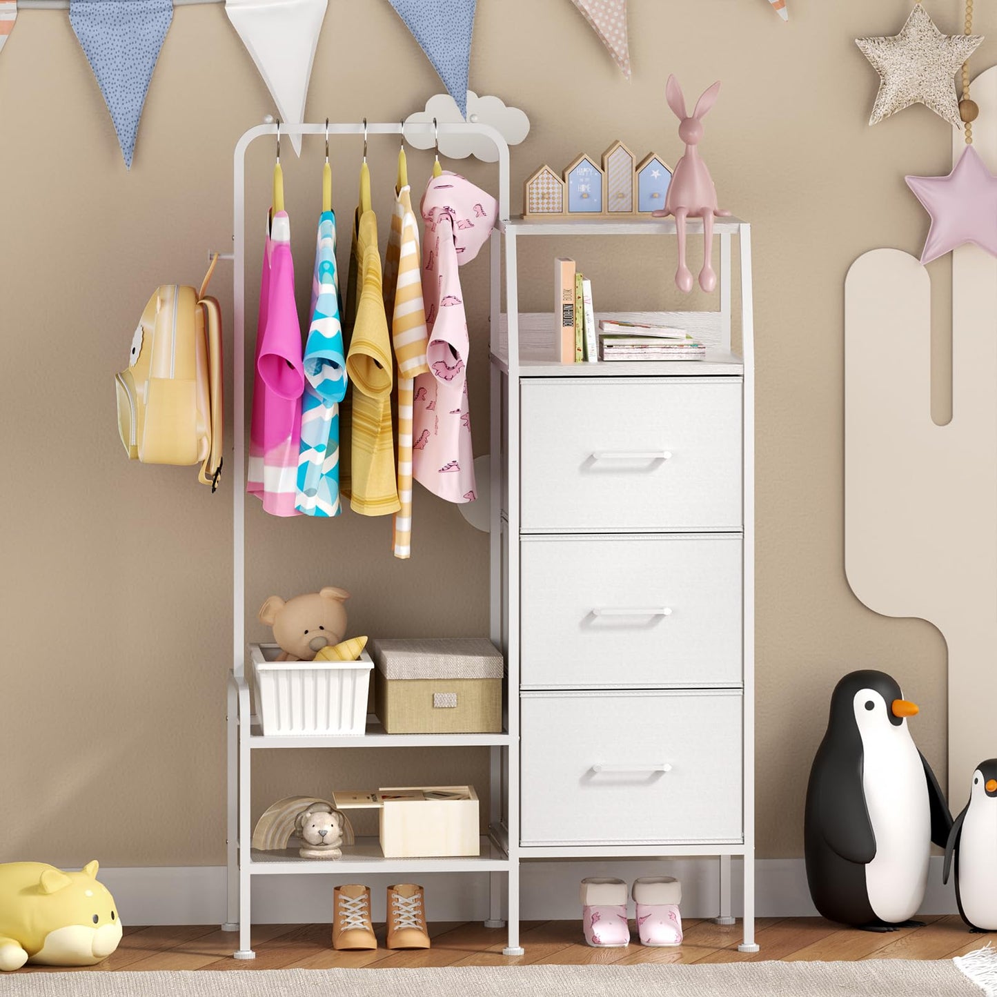 SWTYMIKI Dresser with Hanging Rack - 3 Fabric Drawers Dresser for Bedroom - Reversible Tall Storage Tower, Small Space Clothes Storage Organizer Cabinet for Apartment, Dorm 49.21''H, White
