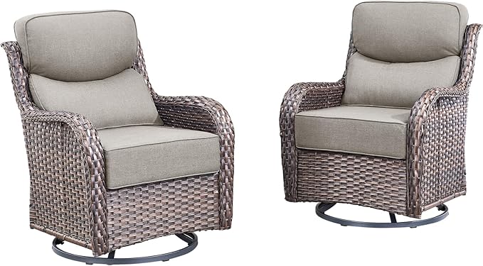 Rilyson Outdoor Swivel Rocker Chairs - All Weather Resistant Wicker Patio Furniture Set of 2 with High Back and 6 inch Thick Cushions for Deck Porch Yard and Poolside, Brown/Beige