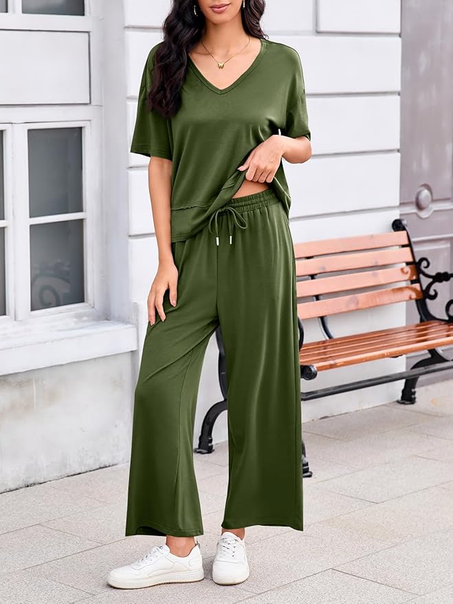 Tankaneo Womens 2 Piece Sets Casual Tracksuits Short Sleeve Tops Wide Leg Pants Outfits Lounge Sets