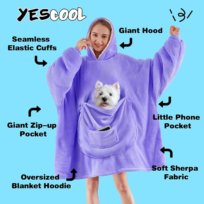 yescool Wearable Blanket Hoodie, Flannel Sherpa Fleece Blanket Sweatshirt for Adults Women Men,One Size Fits All