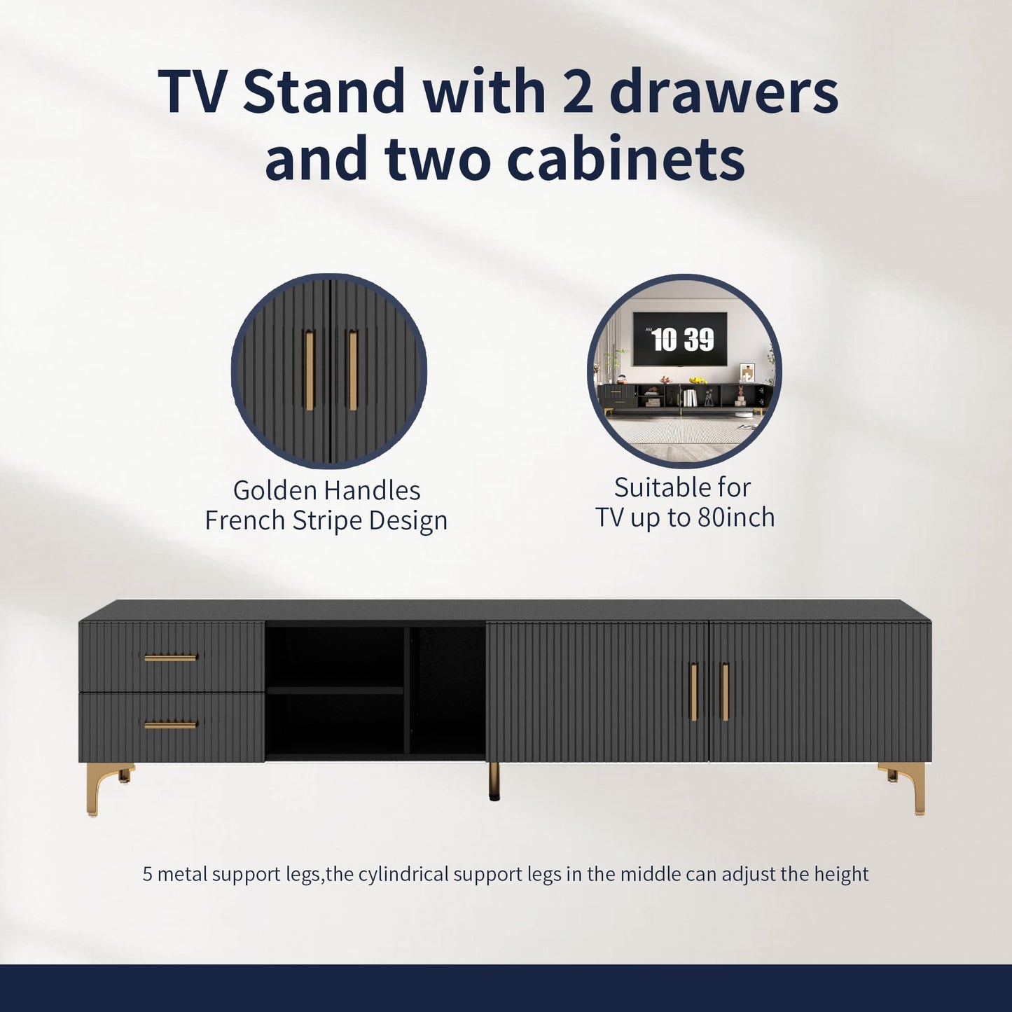 NKISHECK 70" Fluted TV Stand for TVs Up to 80", Modern Entertainment Center with Storage, Media Console for Living Room Bedroom, TV Console（Black）