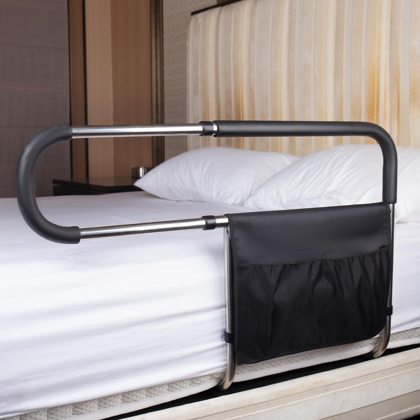 Bed Rails for Elderly Adults Safety, Stainless Steel Bed Assist Rail with Adjustable Side Railings for Seniors Bedside Fall Prevent Grab Bar with Storage Pocket,Fits King Queen Full Twin Bed
