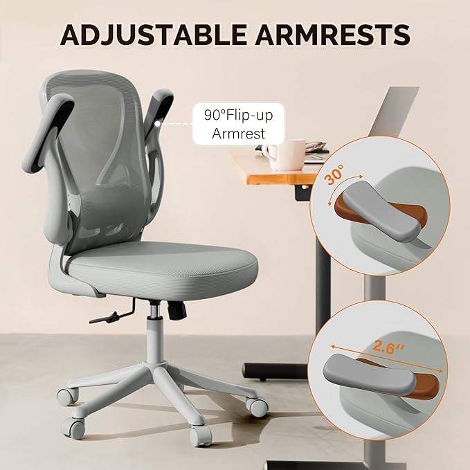Ollega Computer Desk Chair with Wheels, Mesh Office Chair with Flip Up Arms, Adjustable Lumbar Support, Swivel Desk Chair Comfy, All Grey