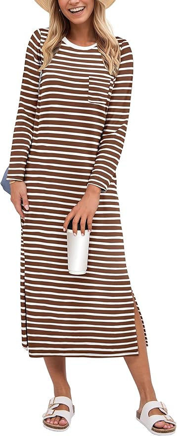 ANRABESS Womens 3/4 Sleeve Striped Slit Midi T Shirt Dresses 2026 Summer Casual Beach Vacation Clothes Spring Travel Sundress