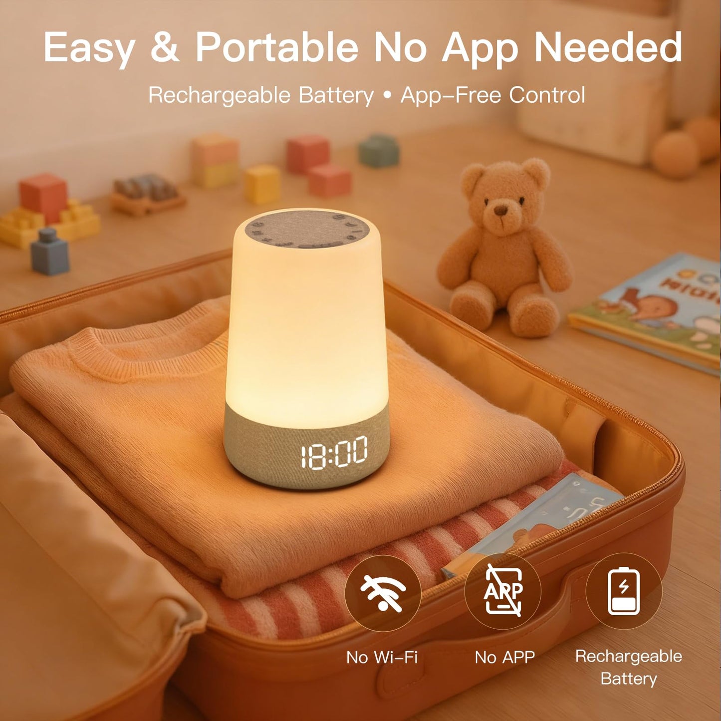 REACHER Sleep Trainer Alarm Clock for Kids, Night Light, White Noise Machine and OK to Wake Clock for Toddlers at Home or Travel, App-Free, Rechargeable