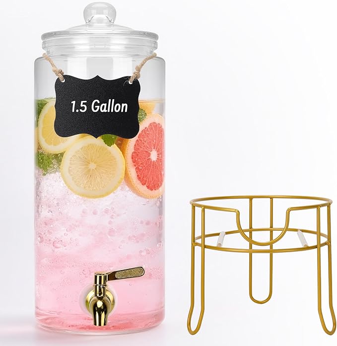 Glass Drink Dispensers For Parties, 1.5 Gallon Beverage Dispenser With Glass Airtight Lids, Gold Metal Stand And Stainless...