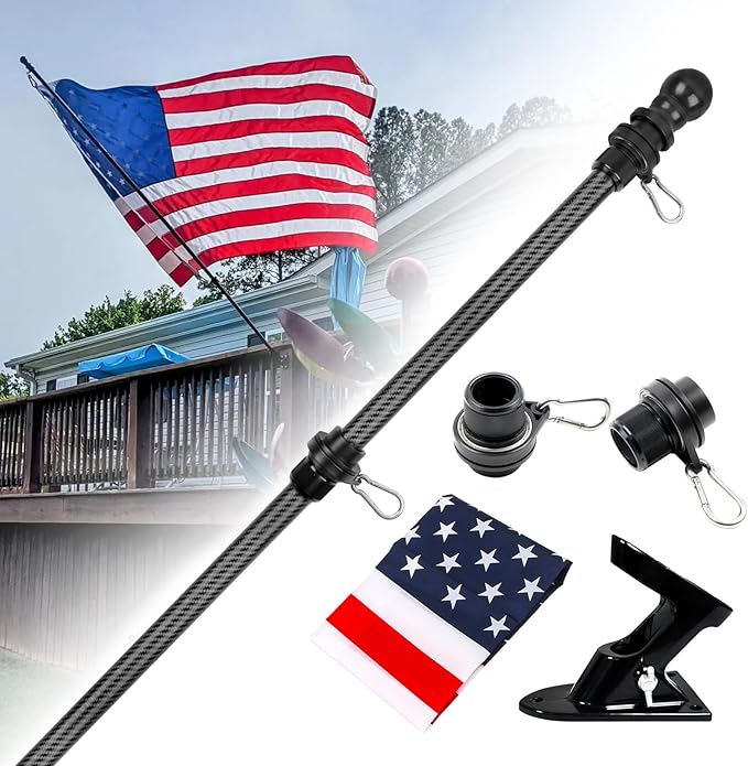 HIBLE Black Flag Pole Kit 6FT Carbon Fiber Flag Pole with Upgraded Metal Screw Joint Parts, 5 Sections Tangle Free Flagpol...