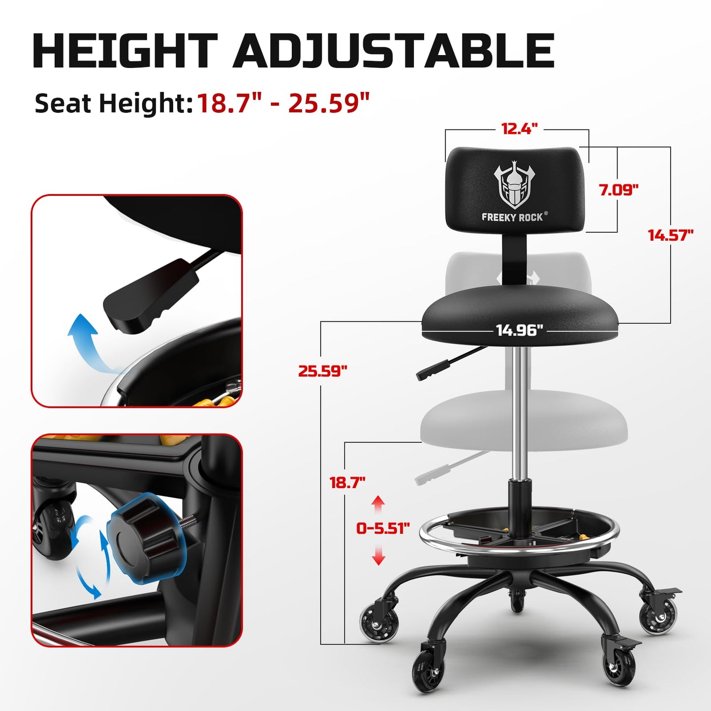 Rolling Shop Stool with Wheels, Garage Mechanic Stool Chair with Backrest, Height Adjustable Heavy Duty Swivel Task Chair, Adjustable Footrest with Storage Tray for Garage Kitchen Salon Tattoo (Black)
