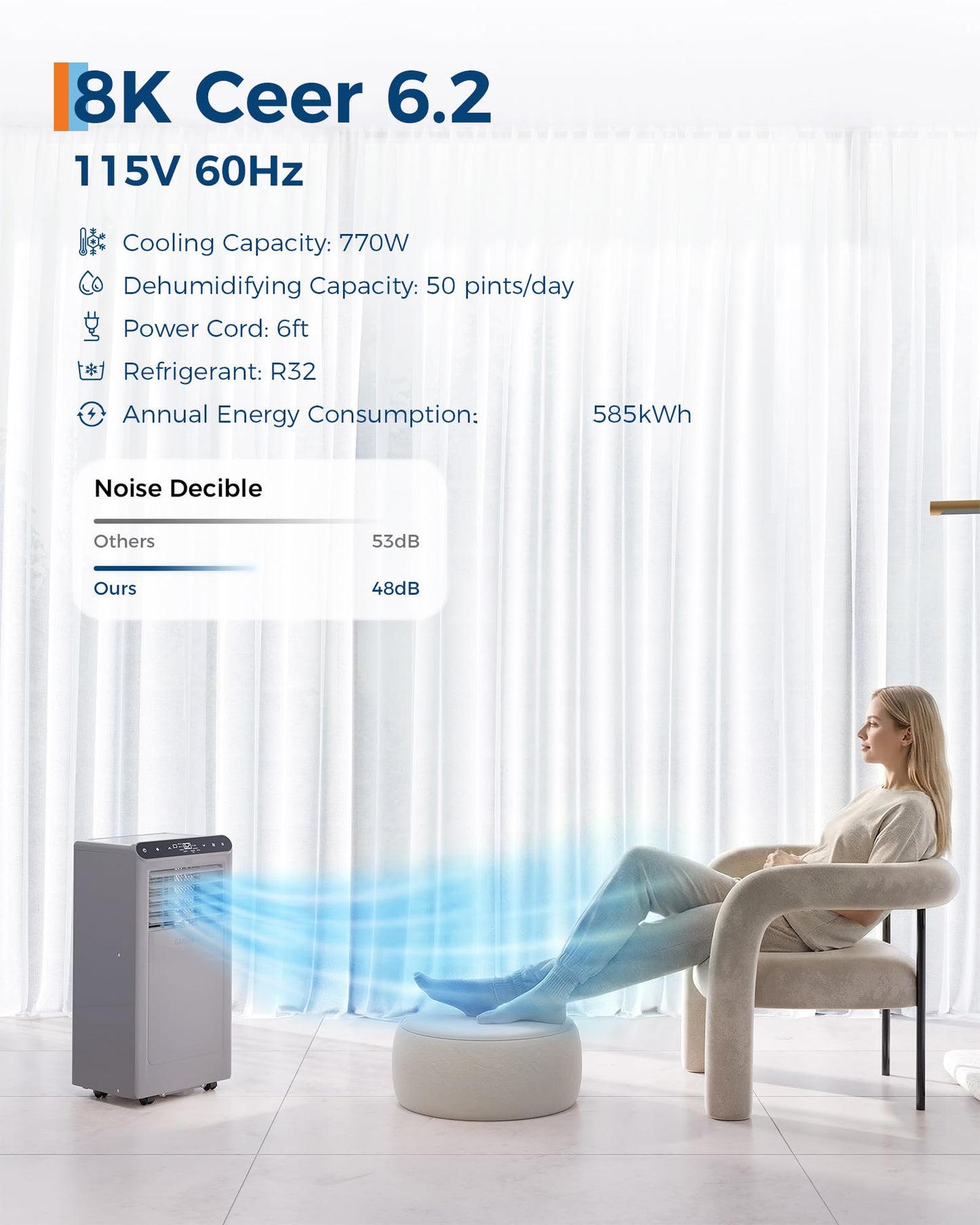 Garvee 8000 BTU Portable Air Conditioner,Up to 350 Sq.Ft. Remote Control 48dB Portable AC Unit, Dehumidifier, Fan, Sleep, 24H Timer&Installation Kit, DOE Certified, Ceer 6.2,Grey+Black Panel