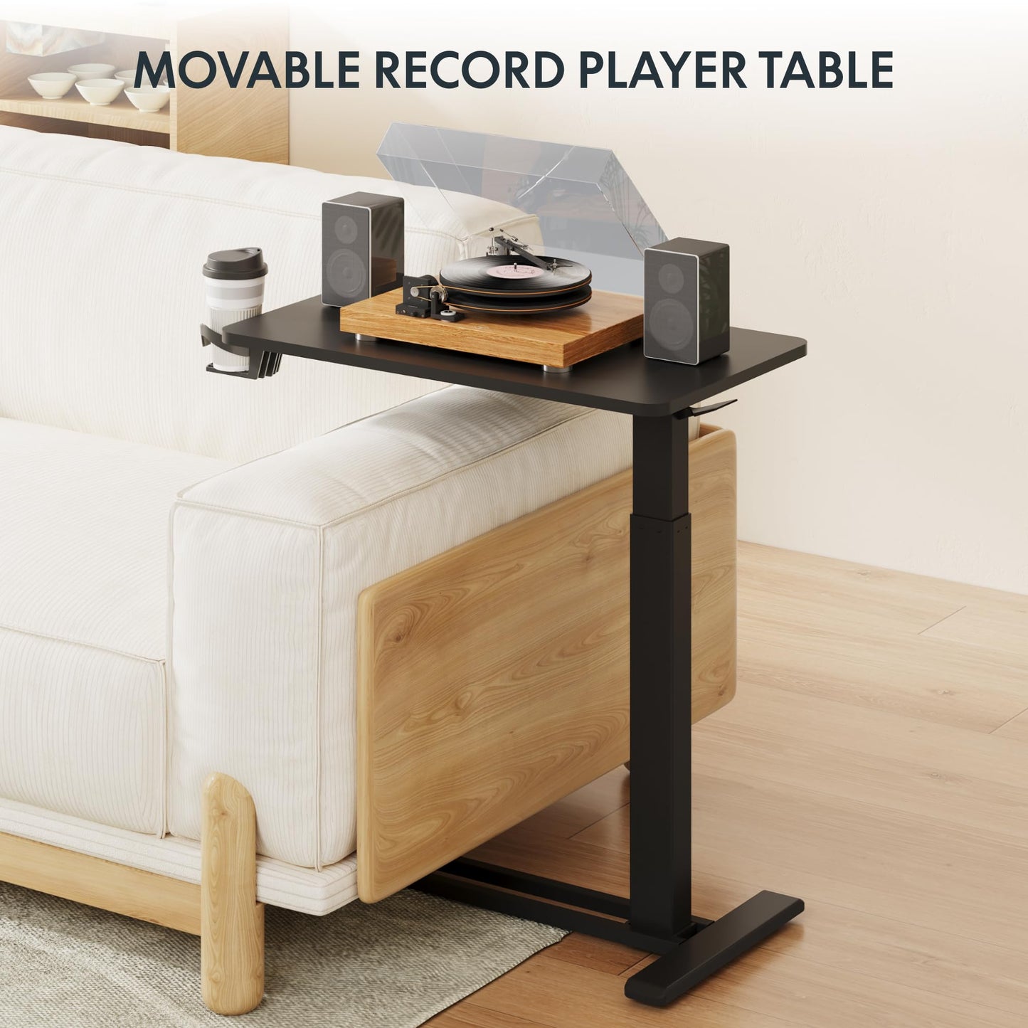 FLEXISPOT H7 Adjustable Overbed Bedside Table with Wheels Pneumatic Mobile Standing Desk Laptop Desk Rolling Computer Cart Movable Overbed Tables Hospital Home Use(27.6" W x 15.7" D, Black Table)