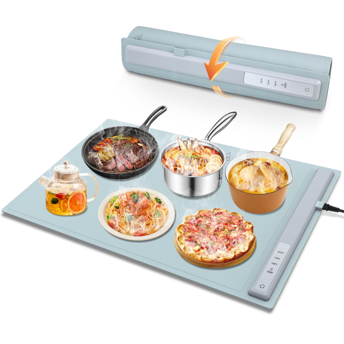 Food Warming Mat Electric Warming Tray, Fast Full Surface Heating with 3 Temperature Level, Rollable Silicone Heating Pad Food Warmer for Parties, Gatherings, Buffet, Countertop, Daily Use