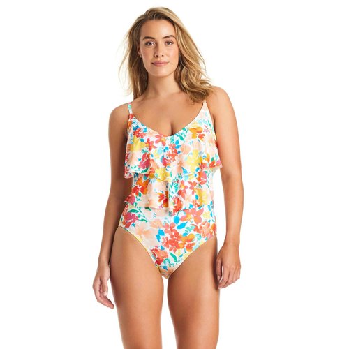 ELLEN TRACY Mio Over The Shoulder Slimming Swimsuit, Double Tier Ruffled One Piece Bathing Suit for Women, Multicolor