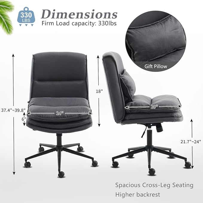 VINGLI Cloud Criss Cross Legged Chair,18" High Back Armless Home Office Desk Chair with Wheels,Wide Adjustable Comfy Padded Seat Task Computer Chair,Modern Swivel Makeup Vanity Chair,Microfiber,Grey