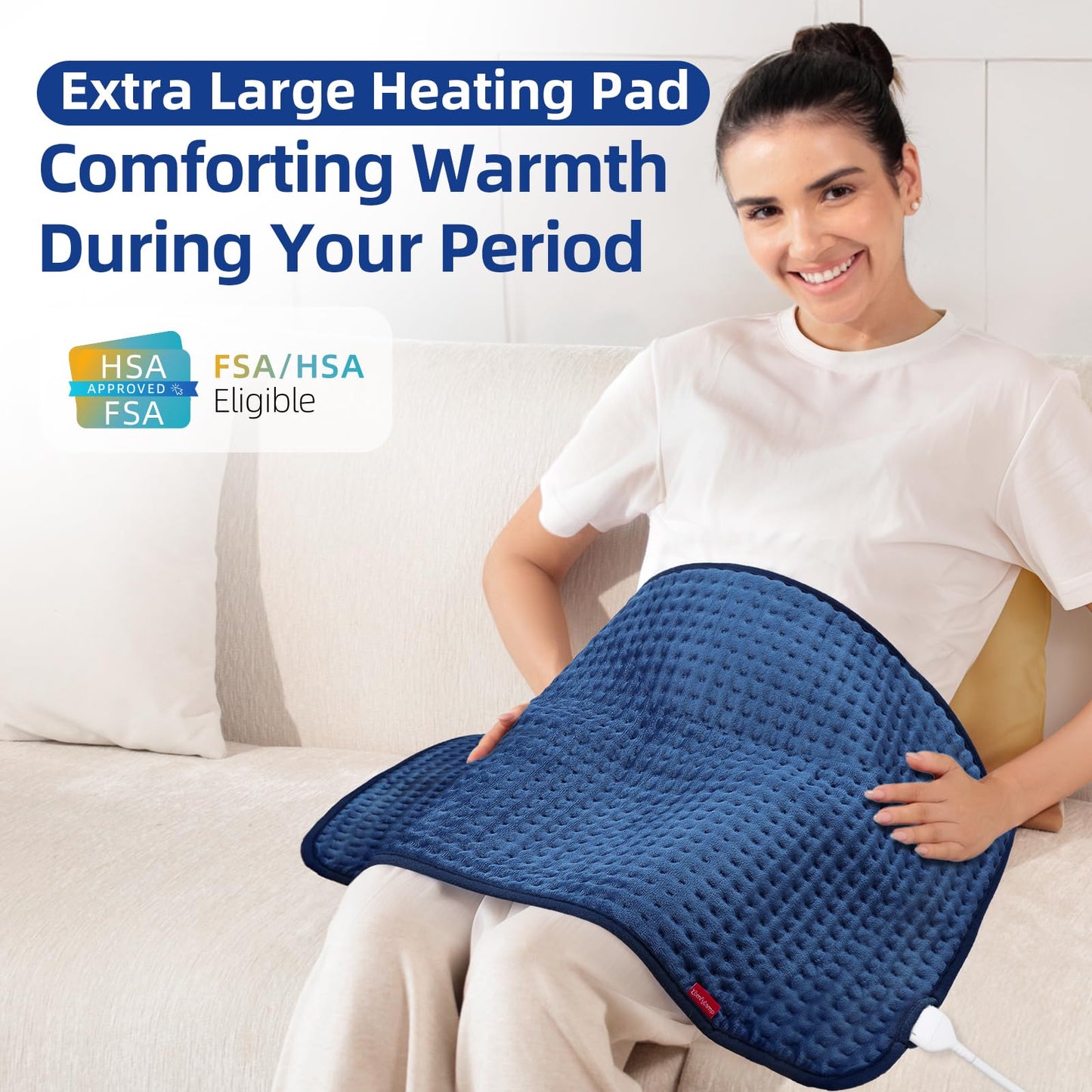 Comfytemp Extra Large Heating Pad for Back & Period, 33''x 17'' King Size, FSA Eligible Items Only List, HSA Approve Electric XL Heated Pad for Shoulder/Neck/Knee, Small Lap Blanket, Washable (Blue)
