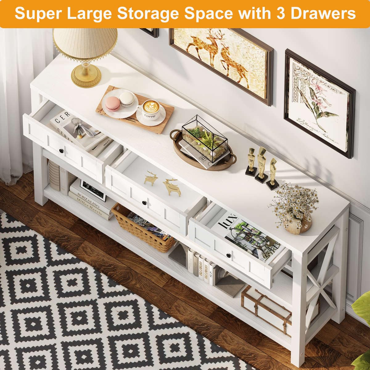 FATORRI Console Table for Entryway, Wood and Metal Sofa Table with 3 Drawers for Living Room, Farmhouse Hallway Tables and Modern Couch Tables Behind Sofa (54.72 Inch Long, White Oak)
