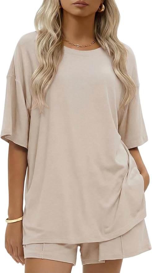 Ekouaer Womens 100% Cotton 2 Pieces Short Sets Summer Short Sleeve Outfits Casual Maching Lounge Set with Pockets