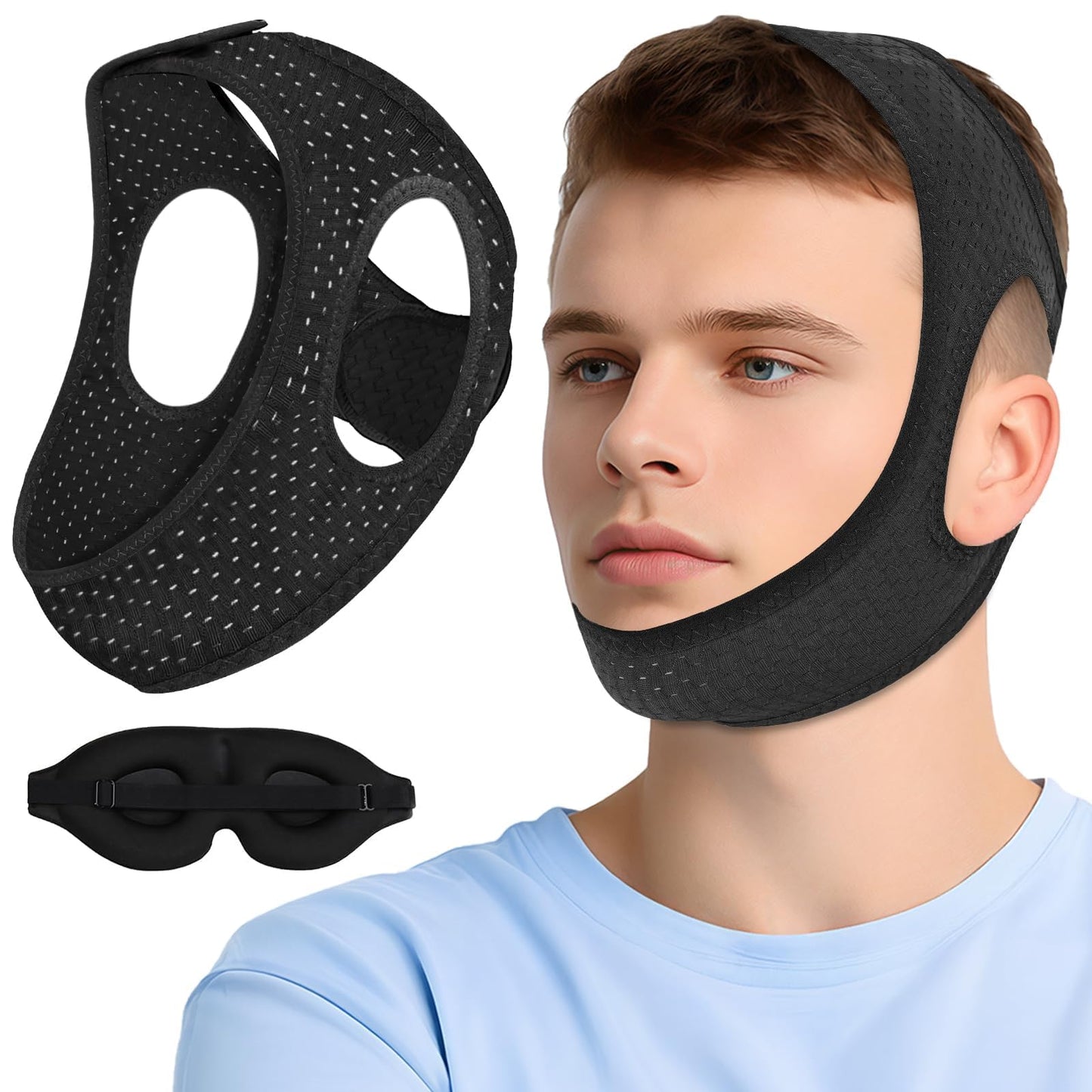 Chin Strap for Sleeping, Anti Snoring Devices Comfortable Effective Stop Snoring Solution, Snore Stopper Breathable, Anti Snore Chin Strap Adjustable Velcro, with Eye Mask, Black 001
