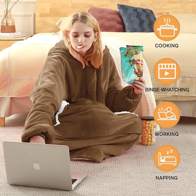 yescool Wearable Blanket Hoodie, Flannel Sherpa Fleece Blanket Sweatshirt for Adults Women Men,One Size Fits All