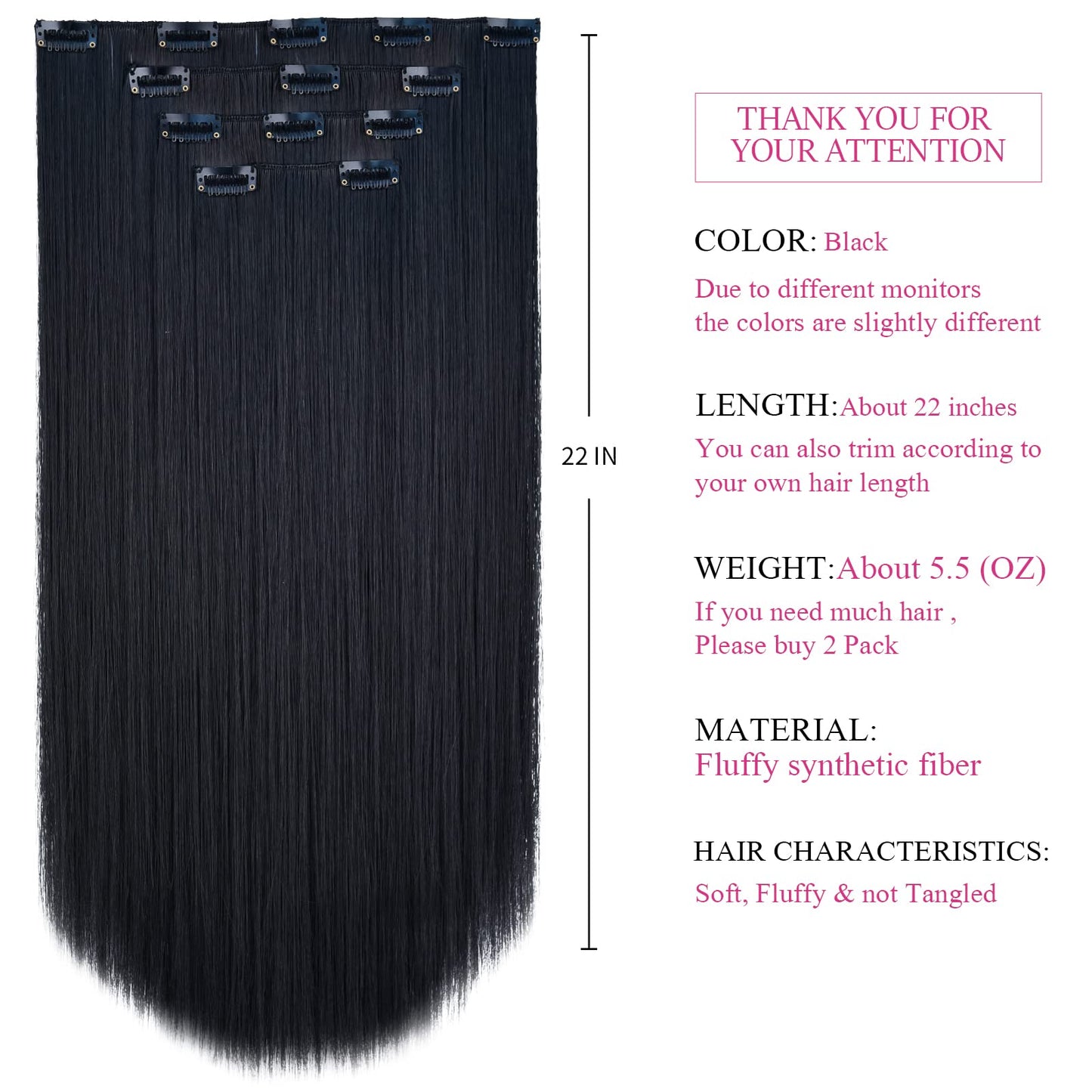 SYXLCYGG Black Hair Extensions Synthetic 4pcs Clip In Hair Extension 22 5.5 Oz Straight Cheap Hair Piece Women Natural Fluffy&No