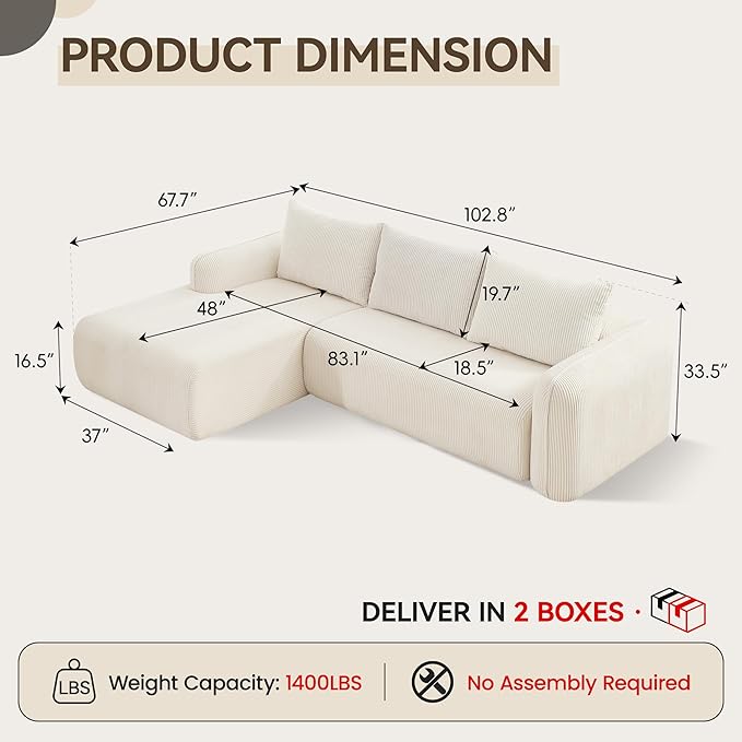 UMBFUN 103" Cloud Sectional Couch for Living Room, Boneless Couch with L-Shape Chaise, Modular Sectional Sofa with Deep Seat, Oversized Modular Sofa for Bedroom, No Assembly Required, Corduroy