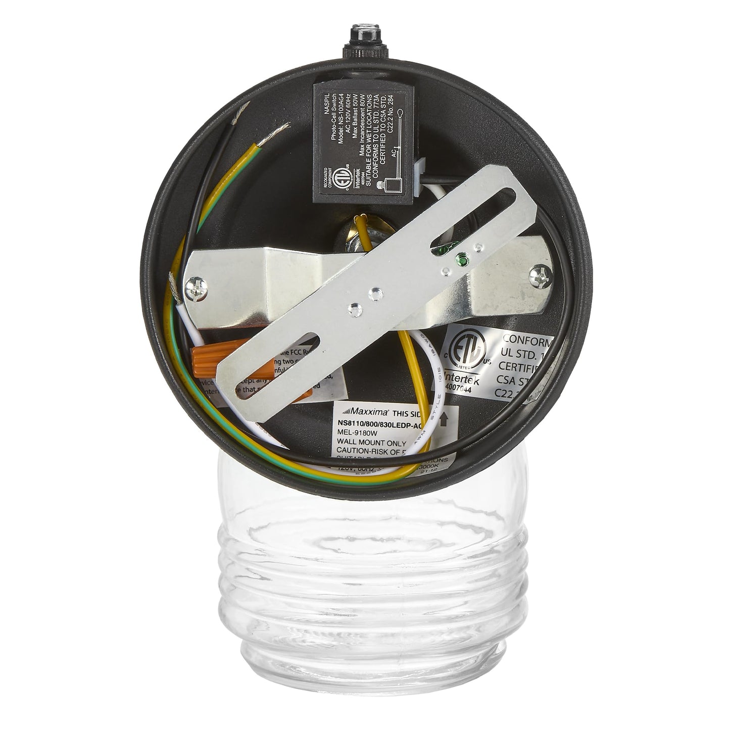 Maxxima Outdoor Wall Lantern Light Fixture, Enclosed Clear Ribbed Glass Jelly Jar Exterior Light, Black Finish, Dusk to Dawn Sensor, 800 Lumens, Photocell Sensor, 3000K Warm White