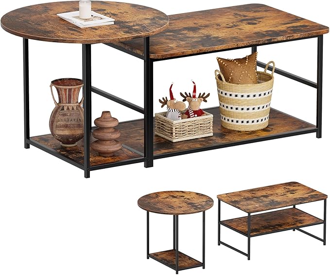 WOHOMO Coffee Table, Mid Century Modern Coffee Table for Living Room Rustic Farmhouse Center Table 2 in 1 Detachable Nesting Table Set, Brown