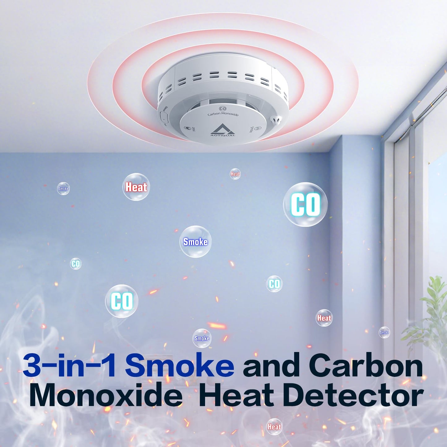 Smoke and Carbon Monoxide and Heat Detector 3-in-1 CO/Smoke/Temp Alarm 10-Year Battery, 85dB Voice Alert, Explosion-Proof ABS, Easy Installation Home Safety Device (Includes AA Batteries)