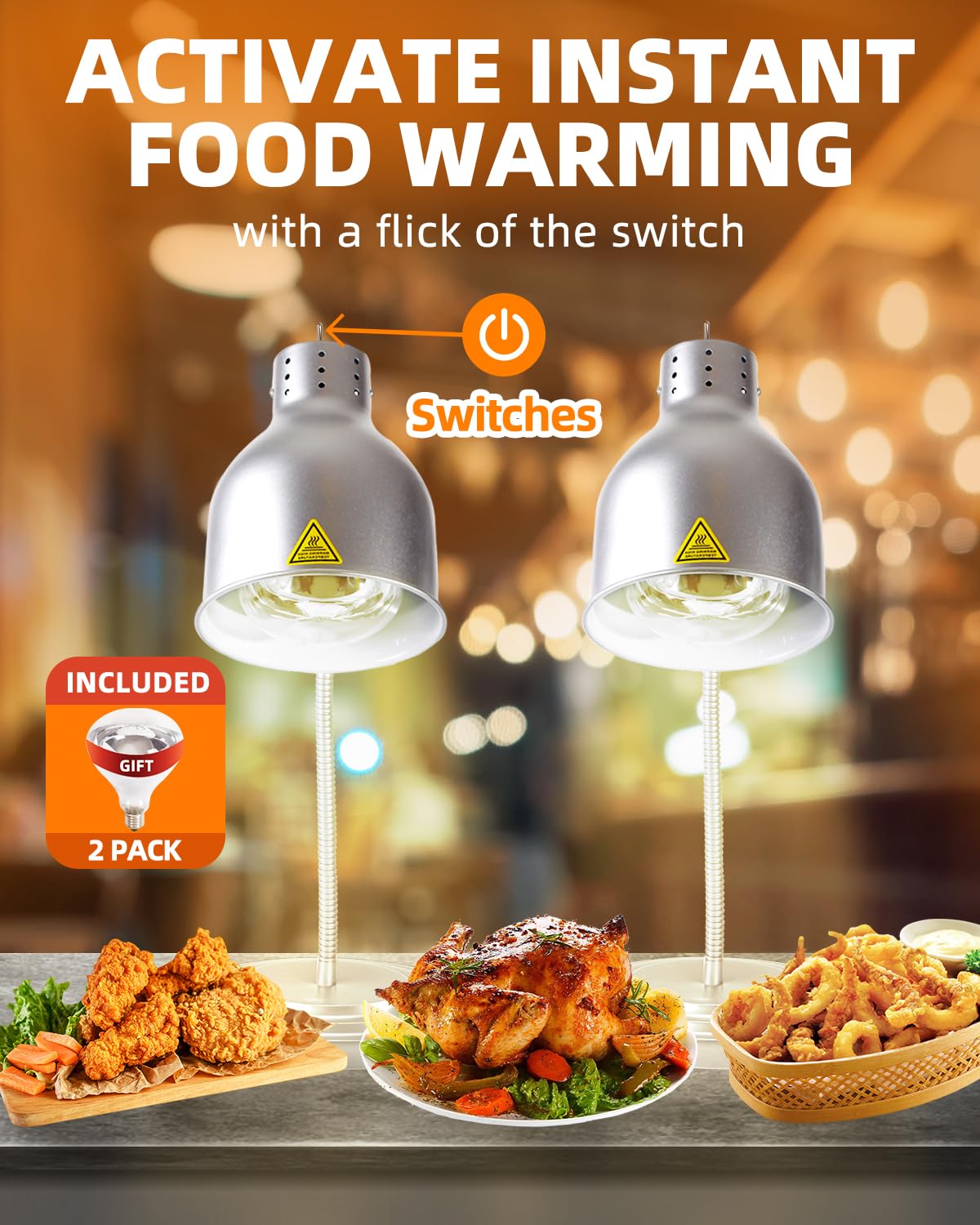 Food Heat Lamp: [Rapid-Heating Bulbs Included] [Steady Heating] Commercial Food Warmer Lamp, Electric Heat Lamp for Food Catering Food Warming Lamp for Buffet Parties (Painted Silver, 32" (1-Head,N2