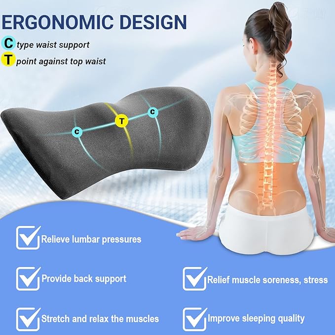FOUSUPDT Lumbar Pillow with Adjustable Strap, Memory Foam Lumbar Support Pillow for Office Chair and Car Seat, Back Pillow for Lower Back, Back Support Pillow for Sitting, Driving, Traveling