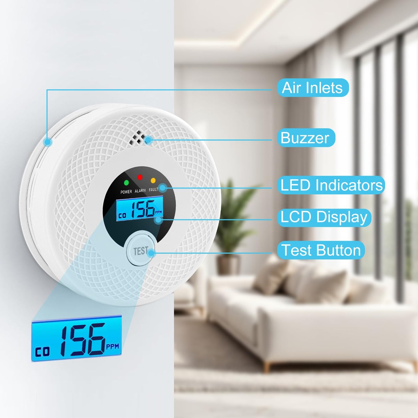 1 Pack Smoke and Carbon Monoxide Detector with LCD Display, 85dB Alarm, Test Button, LED Indicators, Battery-Operated Fire Alarm Smoke Detector for Home, Kitchen, Bedroom, Office