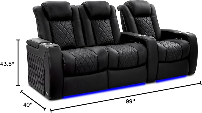 Valencia Tuscany Home Theater Seating Semi-Aniline Italian Nappa 20000 Leather Ultimate Luxury Heat & Ventilation Power Recliner Power Lumbar and Headrest (Row of 3 Loveseat Left, Onyx)