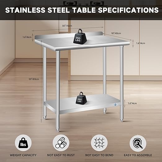 PIUMACU Stainless Steel Table, Stainless Table for Prep & Work, 30 x 18 Inch Commercial NSF Steel Metal Table for Restaurant Kitchen Hotel Garage (+ Backsplash)