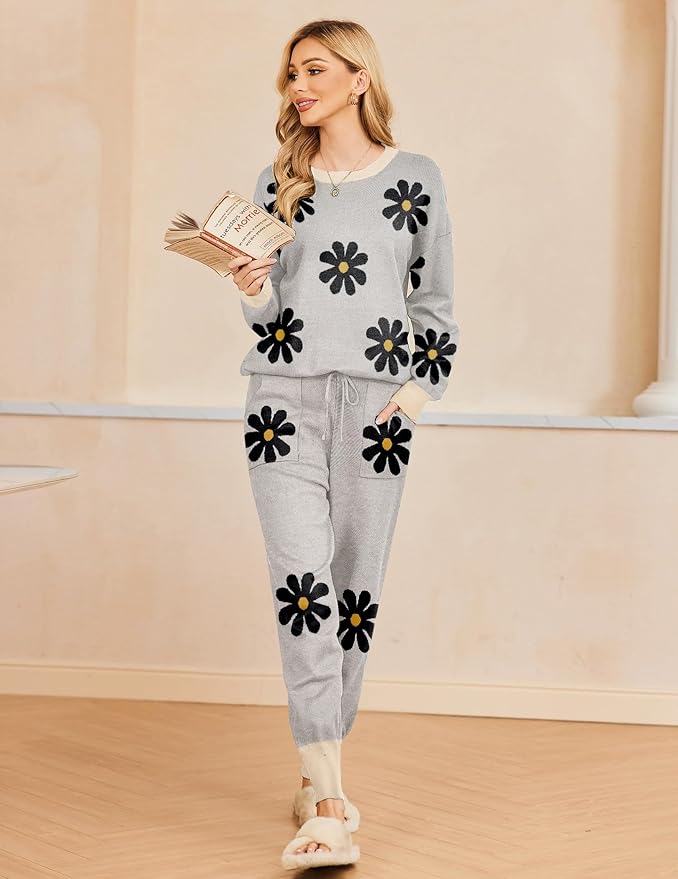 Ekouaer Women's 2 Piece Lounge Set Long Sleeve Knit Pajamas Sweatsuit Jogger Pant Outfits With Pockets S-XXL
