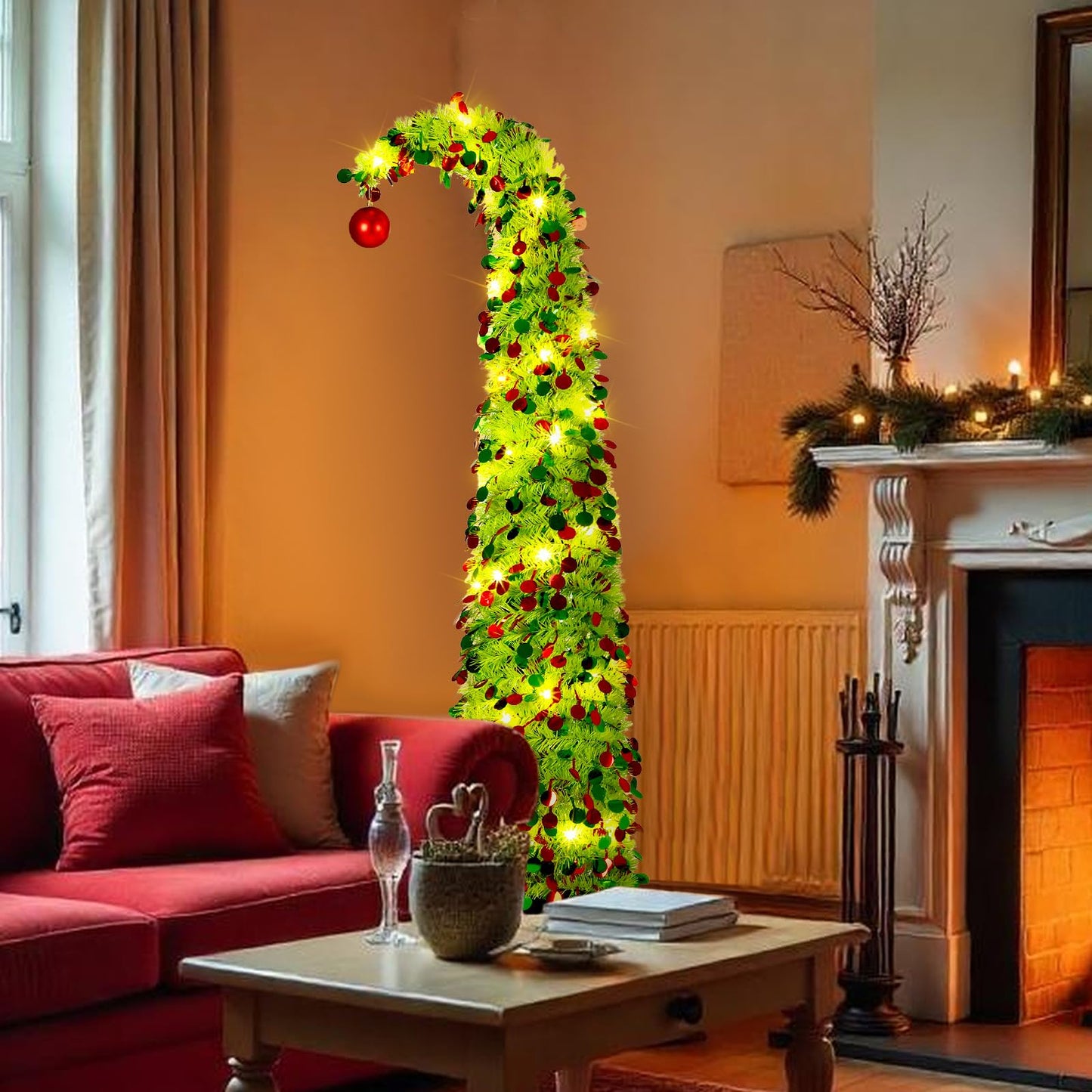 Aurelema 5 ft Christmas Whimsical Pop up Curved Tree with 50 LED Light String Decorations Curved Plastic Tree with Red Ball Top Red Lime Green Tinsel for Xmas Home, Apartment, Office