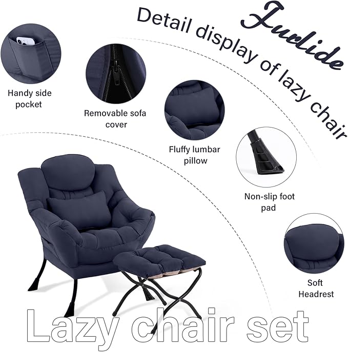 Furlide Lazy Chair with Ottoman, Modern Lounge Chair with Lumbar Pillow, Accent Cozy Reading Armchair and Folding Footstool for Bedroom, Dorm, Living Room,Navy