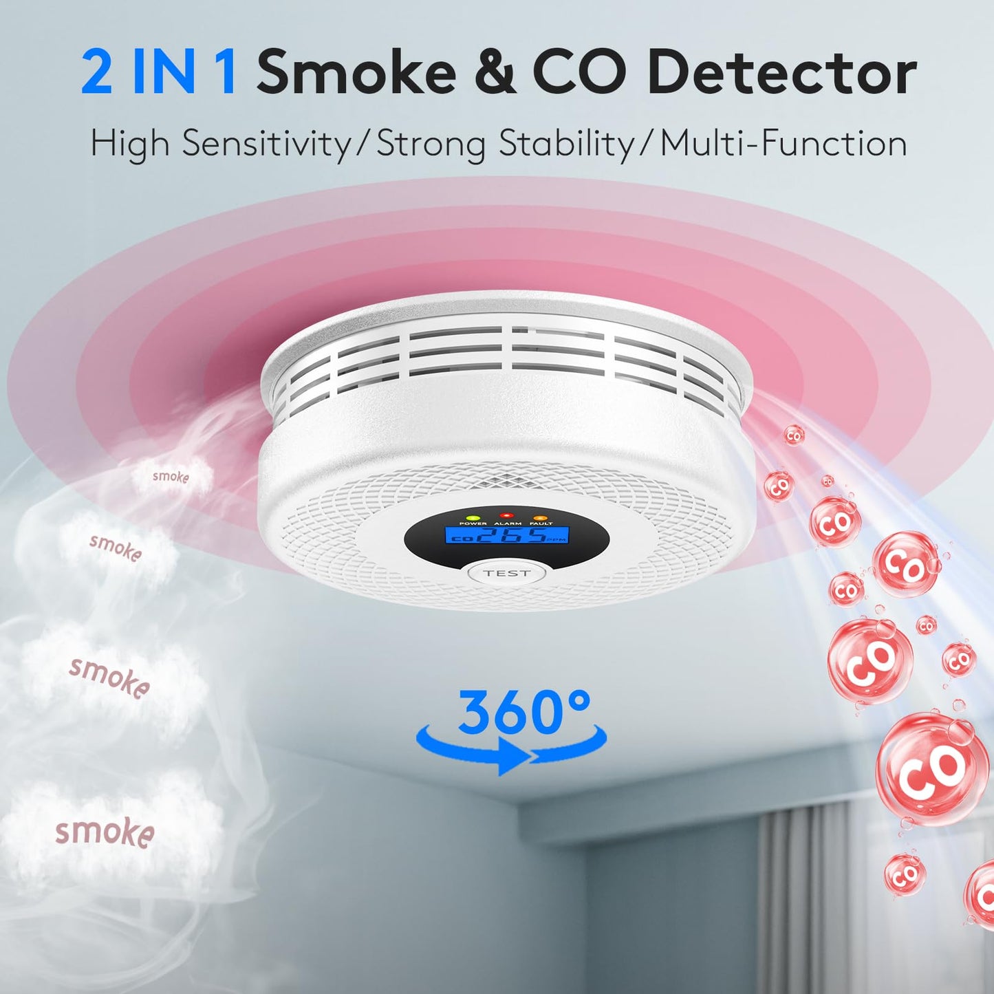 Smoke and Carbon Monoxide Detector 10 Year Battery Operated, LCD Display & Visual Alerts, Smoke and CO Detector for Home, Reliable Warning