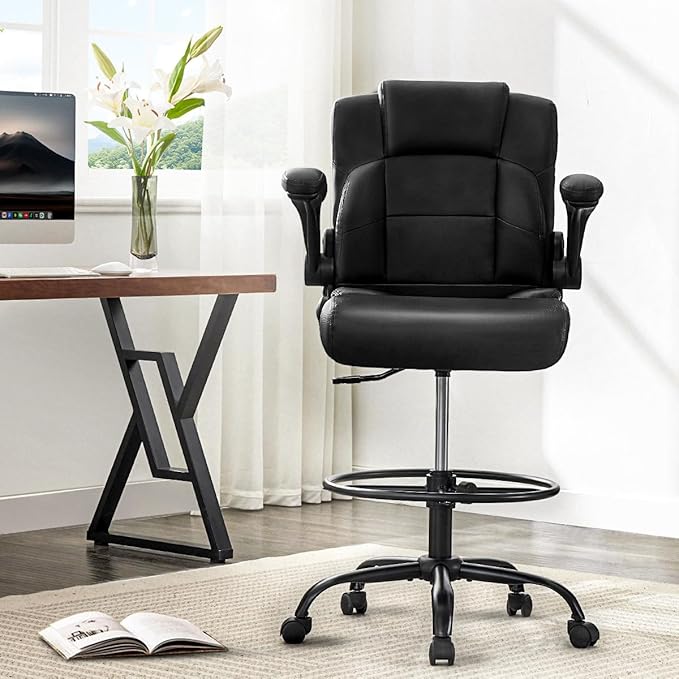 500 lbs Drafting Chair Tall Office Chair with Flip-up Armrests for Standing Desk Executive Ergonomic Computer Leather Desk Chair with Lumbar Support, Adjustable Foot Ring for Home or Drawing Use