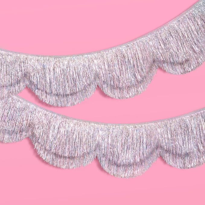 xo, Fetti Silver Iridescent Scalloped Fringe Banner - 6 Ft. | Bachelorette Party Decorations, Birthday Sign, Sparkly Deco...